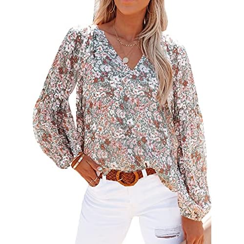 Womens Casual Boho Floral Print Blouses V Neck Long Puff Sleeve Loose Shirts Tops