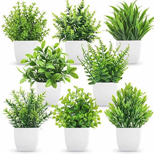 Der Rose 8 Pack Fake Plants Small Artificial Faux Potted Plants for Home Office Farmhouse Bathroom Bedroom Decor Indoor Green