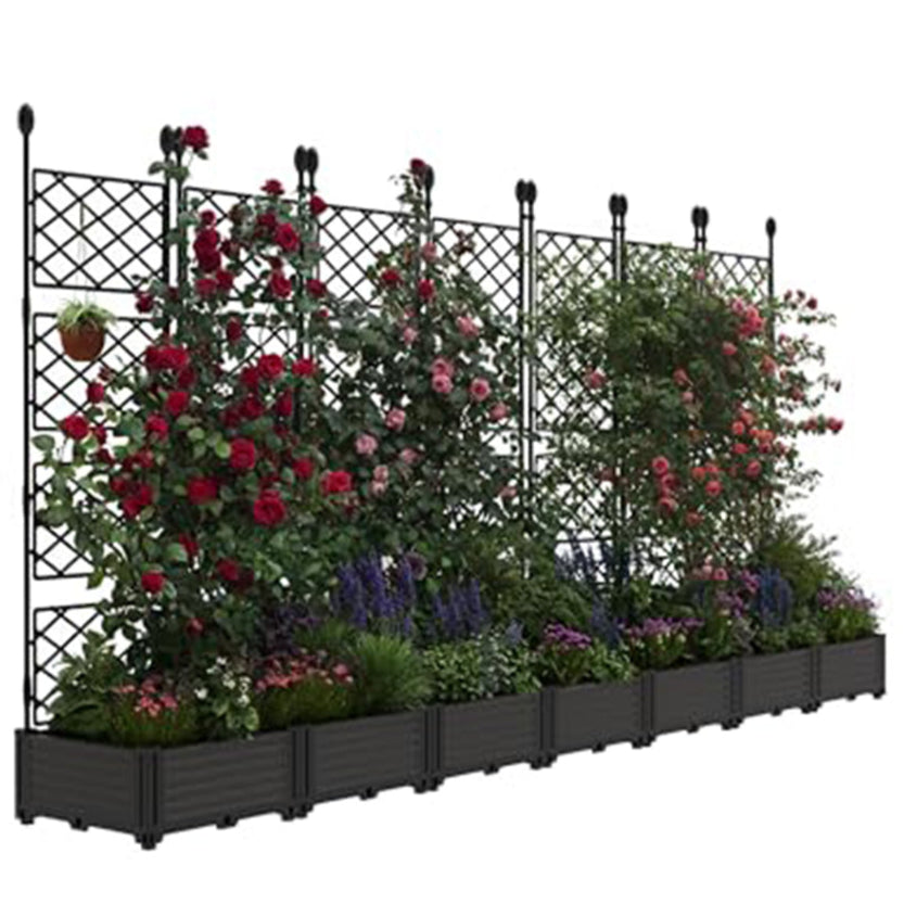 Garvee 7Pcs Plastic Plant Box with Metal Trellis, Raised Garden Bed with Trellis Planter for Climbing Plant Outdoor Raised Planter Box Privacy Screen 