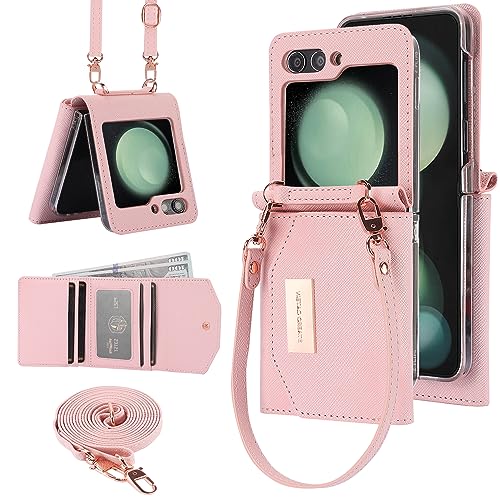 for Samsung Galaxy Z Flip 6 Wallet Case with Built-in Leather Cash Slot and Credit Card Holder. Wristlet Strap and Hinge Protection, Carrying Handbag