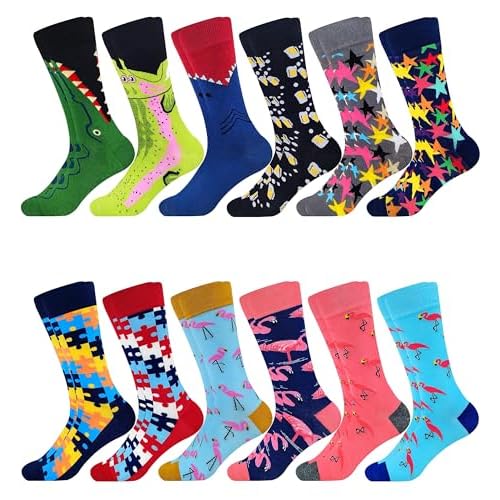 Men's Dress Socks Argyle Black Dress Fun Funny Colorful Novelty Crazy Patterned Sock Cotton Calf Bulk Packs Size 8-12 Large-X-Large 12 Pairs Puzzle Se