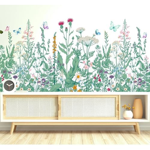 Green Flowers Wall Decals Peel and Stick, Large Floral Butterflies Vinyl Wall Stickers, Removable Home Decor Art for Bedroom Living Room Classroom Off