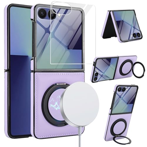 for Samsung Galaxy Z Flip 7 Case with Magnetic Ring Holder, 360 Rotating Bracket, Built-in Front Screen Protector, Slim Anti-Drop Shockproof Case.(Lig