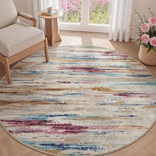 tchdio Round Rug 5FT Colorful Modern Abstract Circle Rug for Bedroom Non Slip Soft Circular Rug Carpet Washable Round Area Rug, Multi Color, 5FT 5ft-R