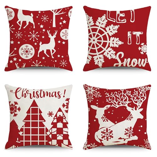 Garvee Christmas Pillow Covers 18x18 Inches Set of 4, Winter Pillowcase with Elk Snowflake Christmas Tree Pattern Christmas Cushion Covers for Sofa Co