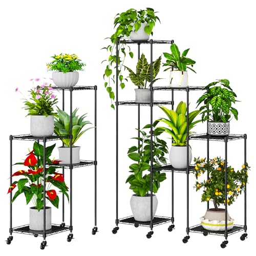 Abimars Corner Plant Stand with Wheels, Shelf Height Adjustable Metal Plant Shelf for 11 Potted Plants, DIY Assembly Indoor & Outdoor Plant Display Ra