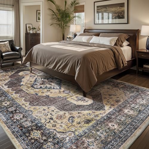 Engiw-6x9 Area Rugs for Bedroom Rug Living Room Rug Carpet Machine Washable Dining Room Rugs Neutral Farmhouse Vintage Brown Taupe Brown-Taupe 6' x 9'