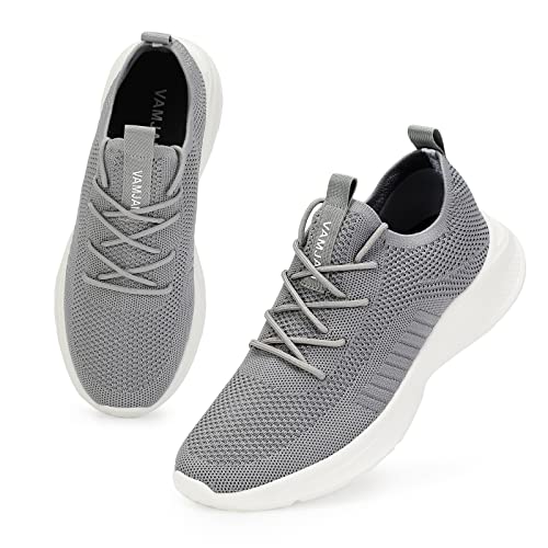 VAMJAM Men's Running Shoes Fashion Sneakers Lightweight Breathable Flying Knitting Lace Up Mesh Walking Shoes Workout Casual Sports Shoes 8.5 Grey022