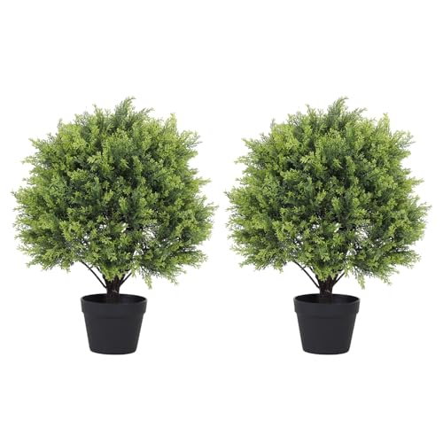 24" Topiary Trees Artificial Outdoor Set of 2, UV Resistant Cedar Fake Potted Plants, 2ft Tall Faux Bushes and Shrubs for Front Porch Patio Planter Ou