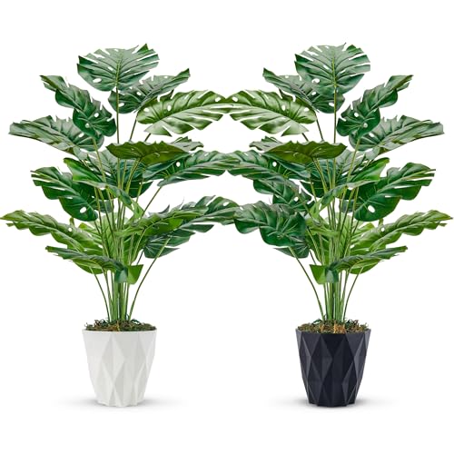 Der Rose 2 Pack 28" Fake Plants Large Artificial Monstera Faux Plants Indoor with White and Black Pots for Home Office Living Room Decor 2 28''