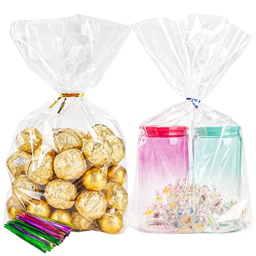 50 Pack Cellophane Bags,Clear Flat bottom Cellophane Treat Bags with 50 Pack Twist Ties for Candy Popcorn Cookie Small Gift Wrapping(8x11x3.15 Inches)