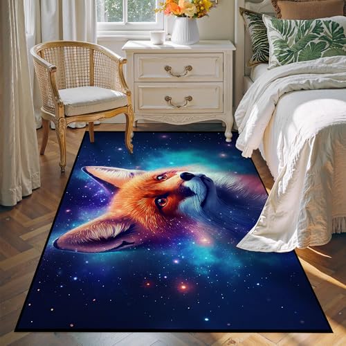 Galaxy Fox Rug Large 3D Cute Foxes Area Rugs for Bedroom Living Room Playroom Boys Kids Cartoon Colorful Carpet Glitter Stars Throw Rugs Floor Mat 71
