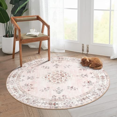 Lahome Washable Pink Round Rug 4ft, Soft Europe Vintage 4x4 Circle Rug for Nursery Girls Bedroom, Non-Slip Floral Pastel Circular Carpet for Living Ro