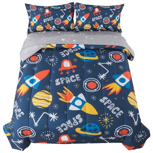 ADASMILE A & S Space Comforter Twin for Kids 5 Pieces Outer Space Bedding Set Bed in A Bag for Boys Girls Teens Galaxy Planet Rocket Comforter and She
