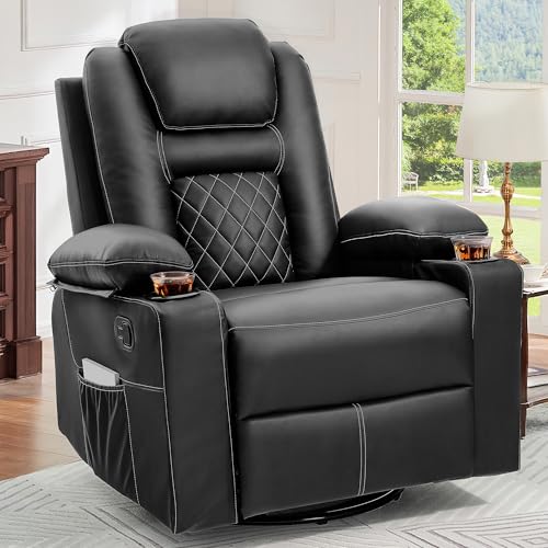 YITAHOME 360°Rocking Recliner, Swivel Rocker Recliner Chair with Massage & Heat, Faux Leather Manual Recliner with Cup Holders, Home Theater Seating