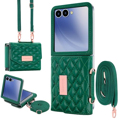 for Samsung Galaxy Z Flip 7 Wallet Case with Built-in Leather Cash Slot and Credit Card Holder, Adjustable Crossbody Strap, Hinge Protection for Women