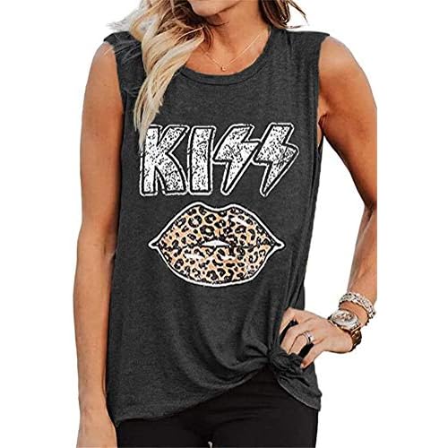 Fuyxxmer Womens Kiss Letter Print Leopard Lips Casual Round Neck Sleeveless Tanks Tops Darkgrey X-Large
