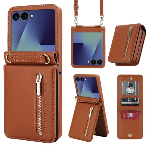 for Samsung Galaxy Z Flip 7 Luxury Zipper Wallet Phone Case, Multi-Function Kickstand Card Holder Adjustable Crossbody Strap, Fashion Flip Case.(Brown