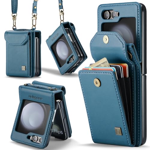 for Samsung Galaxy Z Flip 6 Accordion Crossbody Wallet Case, RFID Blocking Card Holder Slots Retro PU Leather Strap Wristlet with Magnetic Closure .Bl