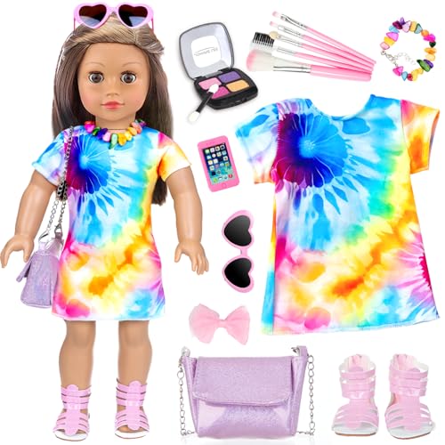 13 Pcs American 18 Inch Doll Accessories and Clothes, Doll Makeup Accessories Set Include Makeup Brush, Eye Shadow,Necklace, Shoulder Bag, Dress,Shoes