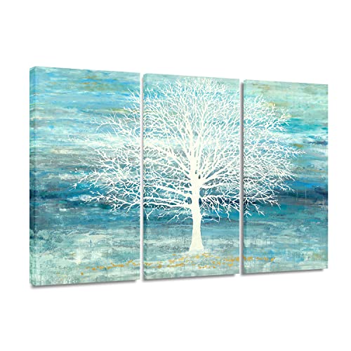 Yihui Arts Teal and Blue Canvas Wall Art - White Tree Paintings with Gold Foil - 3 Pieces Landscape Pictures for Living Room Bedroom Bathroom Decor 36