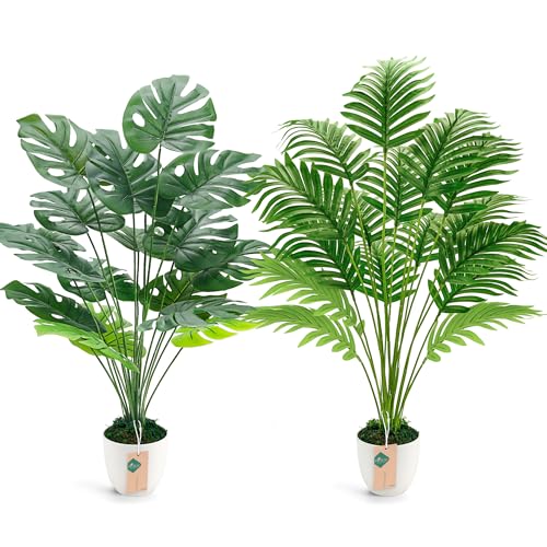 Der Rose 2Pcs Fake Plants 28'' Large Artificial Palm Tree and Faux Plants Indoor Tall in White Pots for Home Office Bathroom Patio Floor Outdoor Decor