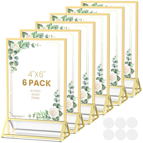 4X6 Acrylic Sign Holder Tabletop Gold Frames 4X6 Picture Frames for Wedding Table Numbers Display Stand Flyer Holder with Double Sided Sticky Dots-6Pa