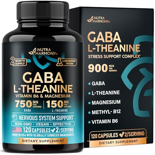 GABA L-Theanine 900 mg - Made in USA - Magnesium | Vitamin B6 - Calm, Sleep, Relaxation & Mood Support - 750 mg Gamma AminoButyric Acid, 150 mg L-Thea