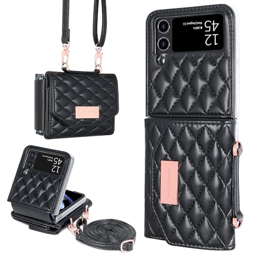 for Samsung Galaxy Z Flip 4 Wallet Case with Built-in Leather Cash Slot and Credit Card Holder, Adjustable Crossbody Strap, Hinge Protection for Women