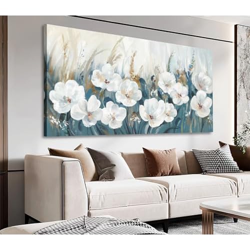 NINEASO Flowers Canvas Wall Art - White Flowers Pictures Abstract Floral Wall Decor Navy Blue Reed Botanical Painting Print Artwork for Living Room Be