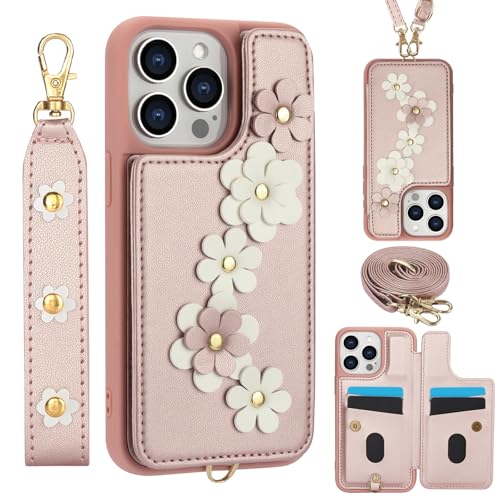 for iPhone 15 Pro Max Wallet Case with 4 Credit Card Holder Slots, Flower Pattern PU Leather Magnetic Clasp Kickstand with Long and Short Strap.-Rose