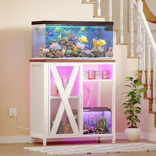 YITAHOME Fish Tank Stand with Power Outlets & LED Light, 20-29 Gallon Metal Aquarium Stand with Cabinet for Fish Tank Accessories Storage for Turtle,
