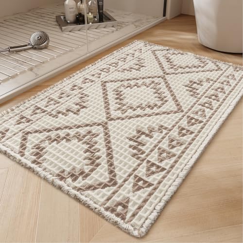 PADOOR-Waffle Bath Mat 24"x36"-Super Absorbent Bath Mats for Bathroom, Machine Washable Non Slip Bathroom Rug with Tassels, Soft Bathroom Mat for Laun