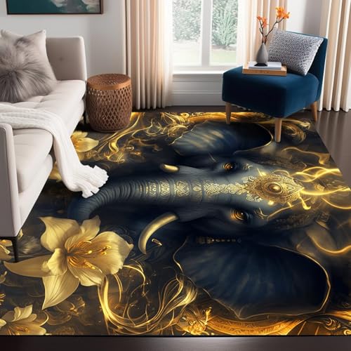African Elephant Area Rug Opulent Gold Flowers Rugs for Living Room Bedroom Office Non-Slip Washable Indoor Floor Mat Doormat Throw Rugs Carpet 79 in