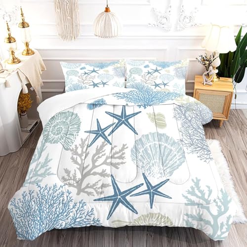 Coastal Bedding Set Queen: Nautical Comforter for Kids Teens Men Women, Sea Shell Starfish Marine Bedroom Decor 1 Comforter 2 Pillowcases Coastal 02 Q