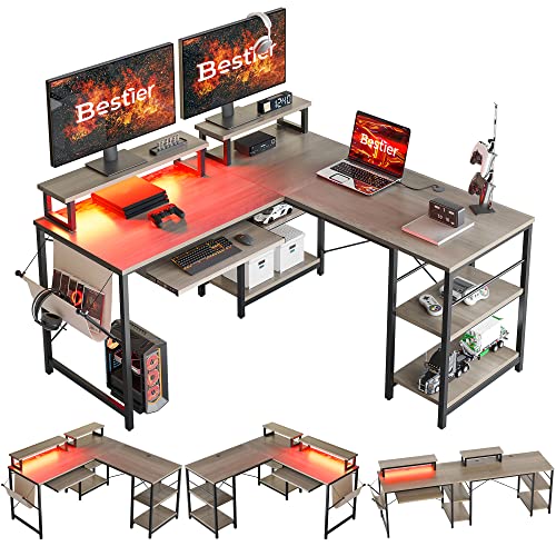 Bestier L Shaped Computer Desk with Led Light 95.2 Inch Gaming Corner Desk or 2 Person Long Table with Shelves Monitor Stand and Keyboard Tray for Hom