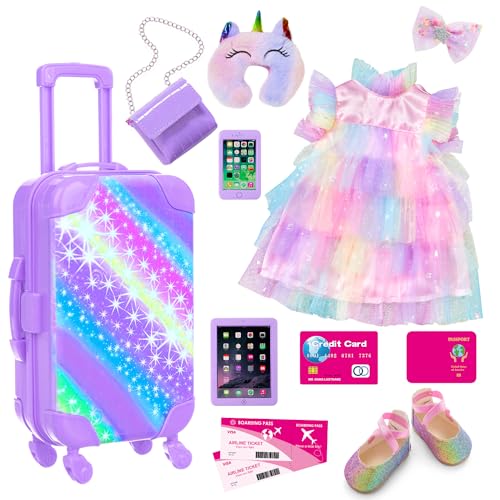 ZITA ELEMENT American 18 Inch Doll Suitcase and Clothes Accessories Set, 12 Pcs Doll Luggage Travel Play Set Fit for 18 Inch Girl Dolls (NO DOLL), Pur