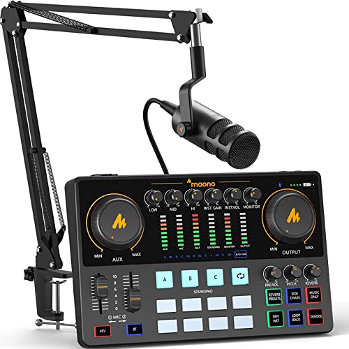 MAONO Podcast Equipment Bundle 10 Channel Audio Interface and XLR Dynamic Microphone MaonoCaster with Pro-preamp, 48V, Bluetooth for Podcast, Streamin