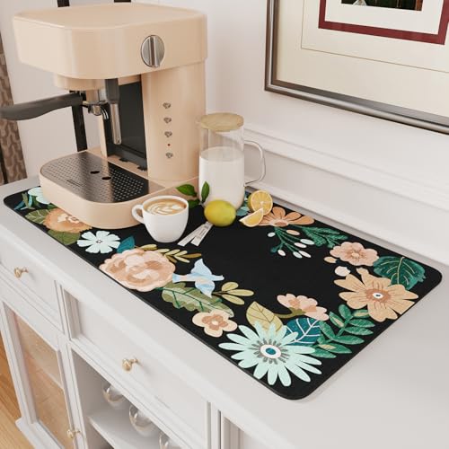 AMOAMI Coffee Mat Hide Stain Rubber Backed Absorbent Dish Drying Mat for Kitchen Counter - Fits Under Coffee Maker or Machine - Floral BLACK 17x31.5 B