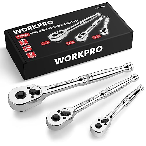 WORKPRO 3-Piece Ratchet Set, Quick Release Reversible, 72-Tooth, 1-4", 3-8", 1-2" Drive Ratchet Wrench, 5 Degree Swing, Chrome Alloy Made, Full Polish