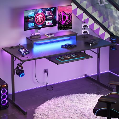 Bestier 63 Inch Gaming Desk with Power Outlets & LED Lights, Large Computer Desk with Monitor Stand & Keyboard Tray Home Office Table with Cup Holder