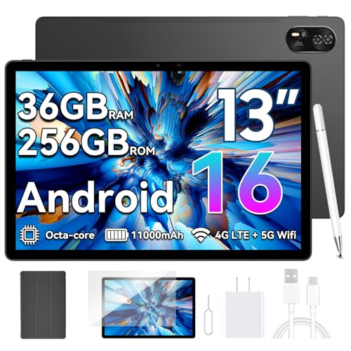 Blackview Android 16 Tablet with 36GB RAM + 256GB ROM (2TB TF), 13 Inch Gaming Tablet with 50MP + 13MP Dual Camera, LTE + 5G WiFi 2K FHD Large Display