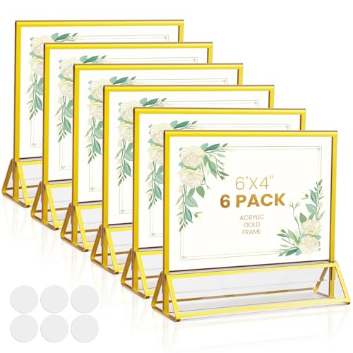 Acrylic Sign Holder 6X4 Gold Frames Double-Sided Gold Picture Frames for Flyer Holder Menu Holder Wedding Table Number Holder Christmas Photo Frame wi