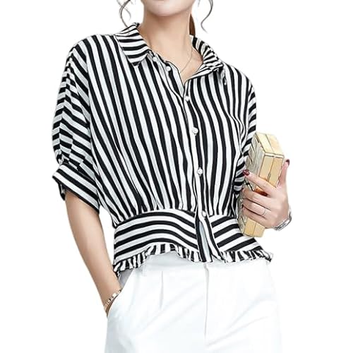 Women Puff Short Sleeve Blouse Trendy Striped V Neck Shirt Summer Business Casual Outfit Cute Babydoll Boho Loose Tops 02black Small