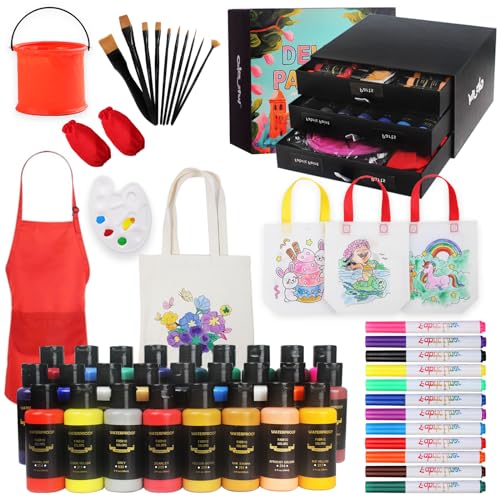 Colorful Kids Fabric Paint Art Kit - Including 12 Fabric Markers, 26 Fabric Paints, Fabric Tote Canvas Bags, Paint Brushes, and Apron Set in a Box –