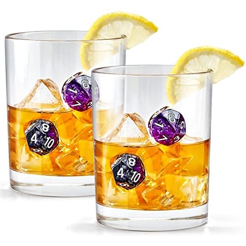 LIIGEMI Old Fashioned Glasses Set of 2,Handmade Whiskey Glass with Purple Polyhedral dices Embedded, Cocktail Glass 10oz（Purple）