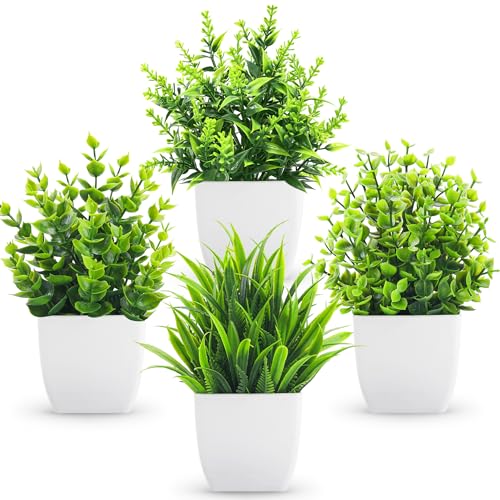 Der Rose 4 Pack Fake Plants Small Artificial Mini Faux Plants Indoor for Room Home Office Shelf Decor White