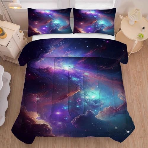 Galaxy Bedding Set Twin Size Blue Purple Outer Space Comforter Sets for Girls Boys Kids Teens Women Starry Glitter Nebula Quilt 1 Comforter + 1 Pillow