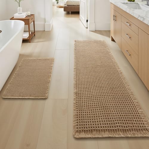 Upgraded Waffle Bath Mat Set of 2, Super Absorbent Non Slip Bath Mats for Bathroom Floor, Machine Washable Boho Bathroom Rugs Set 2 Piece with Tassels