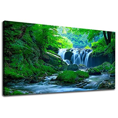 NINEASO Green Forest Waterfall Painting Canvas Print 20'x40' Wall Art for Living Room Bedroom Office Home Wall Decoration 40"L x 20"W Green Forest Wat